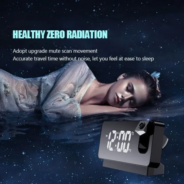 180° Arm Projection Digital Alarm Clock Temperature Humidity Night Mode Snooze Table Clock 12/24H USB Projector LED Clock